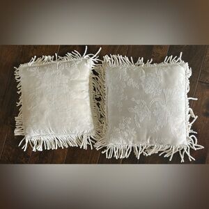 Ivory Accent Pillows with Intricate Floral pattern and Fringe• 2 included